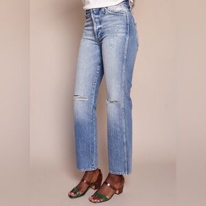 AMO Layla High Rise Straight Leg Jeans. Destroyer Distressed